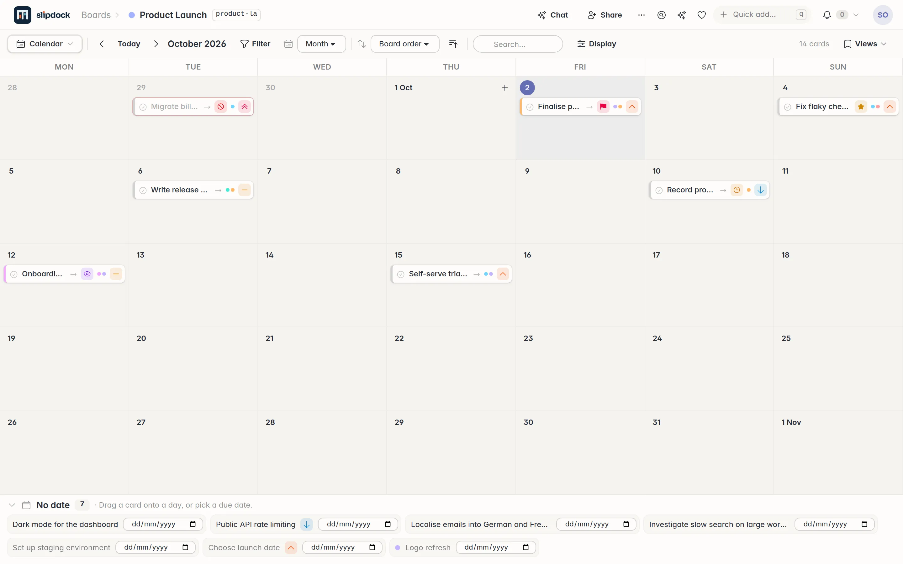 The calendar view of a Slipdock board